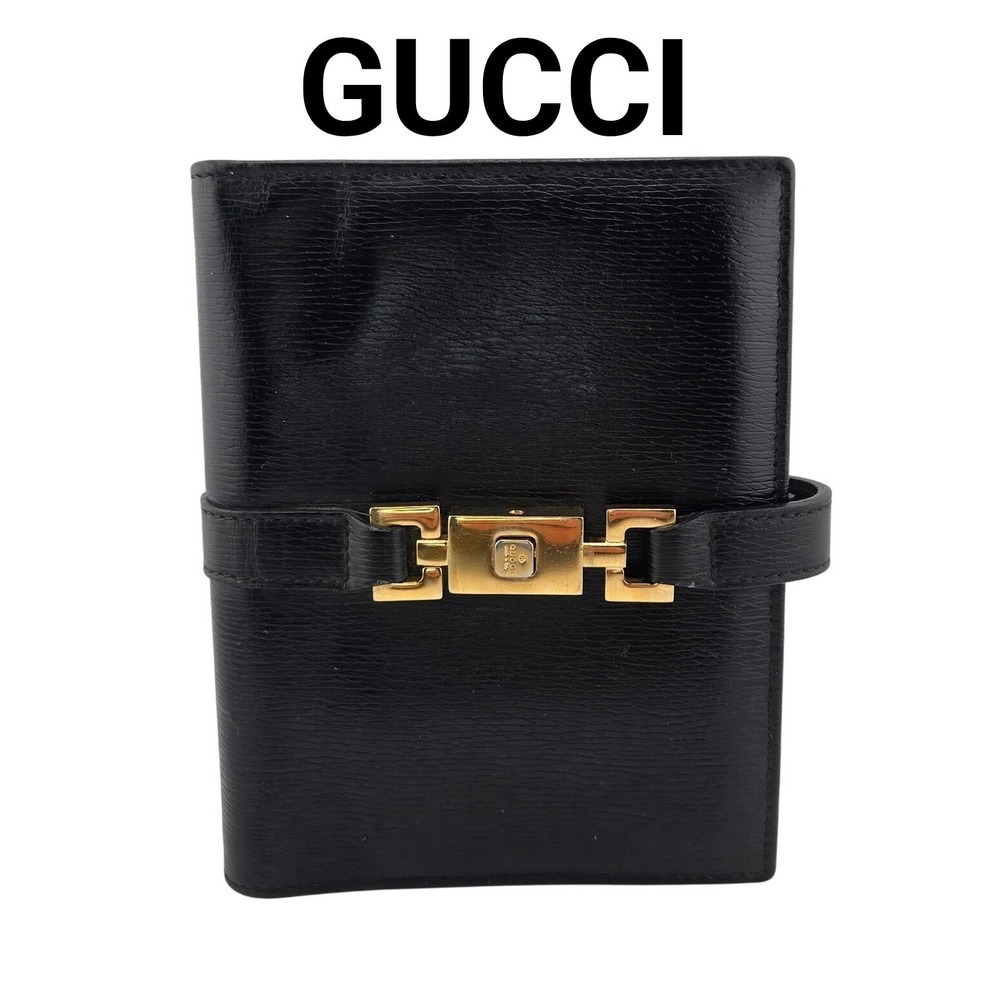 Gucci Vintage Black Leather Agenda Cover Gold Push Lock Organizer